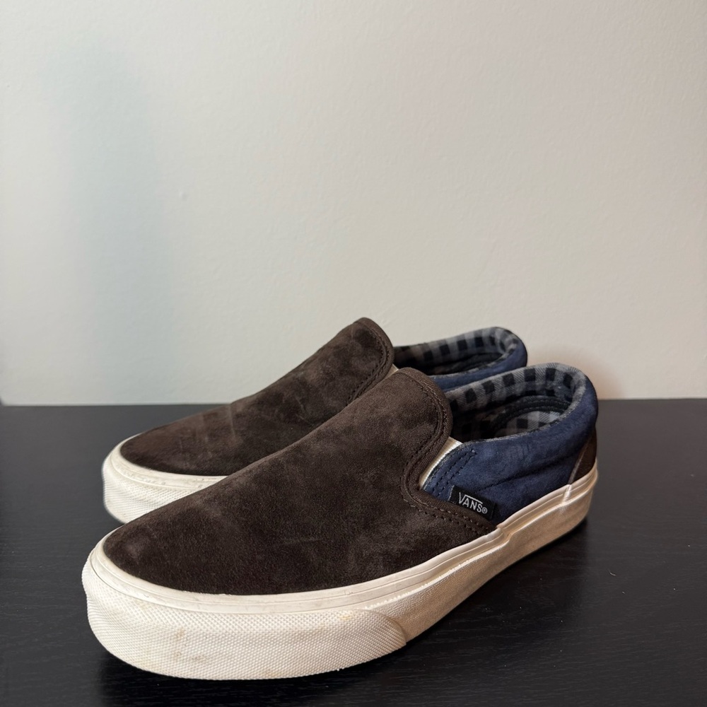 Vans Men's Brown and Blue Suede Slip-On Loafers